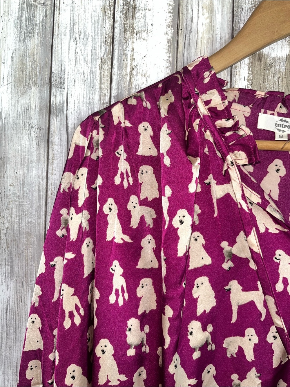 Entro Dog Print Blouse M Pink Poodle Print Flowy Boho Tie Neck Long Sleeve Top - Picture 3 of 6